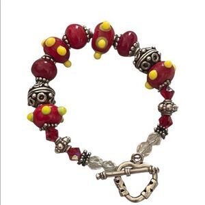 Red lamp work bead bracelet with silver and Swarovski crystals